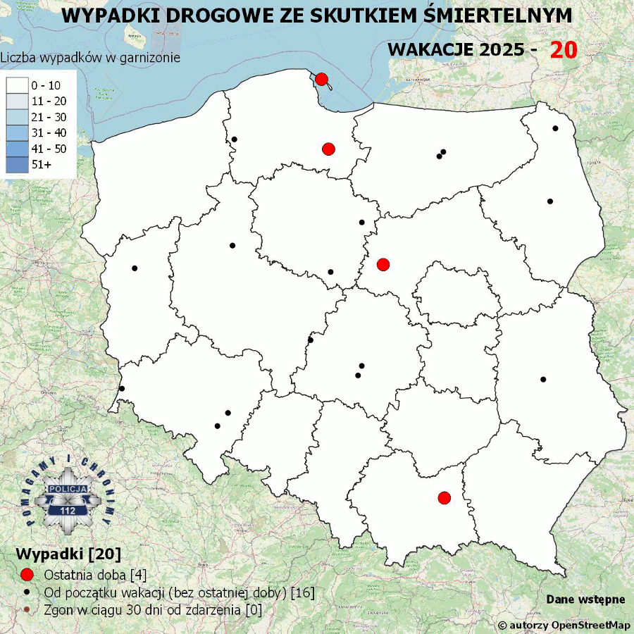 Mapa prezentująca liczbę wypadków poprzedniej doby w Polsce. Prezentowane dane są dostępne w tekście poniżej.